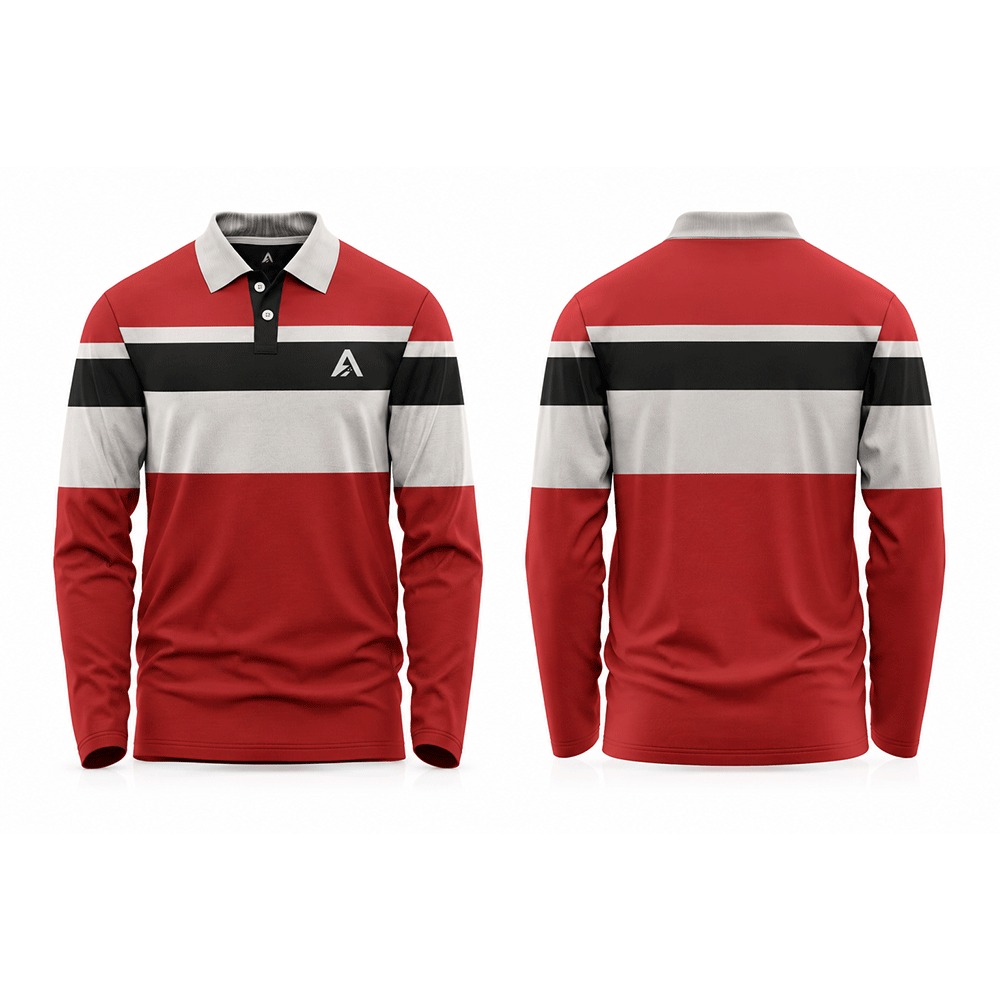 Custom Long Sleeve Polo Shirt — Navy / Red / White — Front